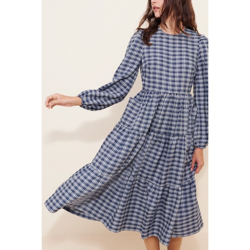 Lisa Says Gah Maxine Navy Plaid Tiered Maxi Dress Long Sleeve Smocked Size M